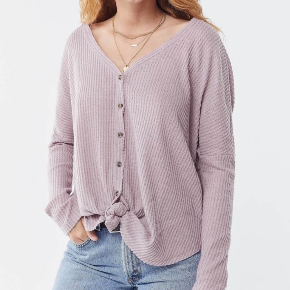 URBAN OUTFITTERS Jojo Oversized Waffle Knit Button Front Thermal Top Large